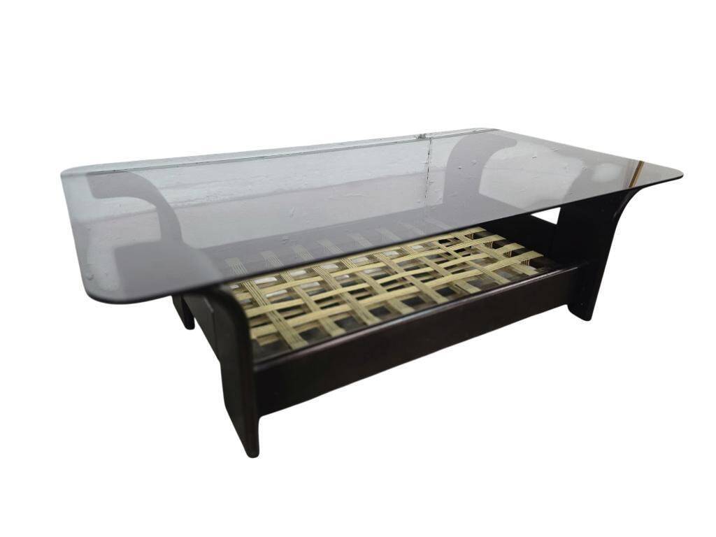Vintage glass coffee table with dark wood frame