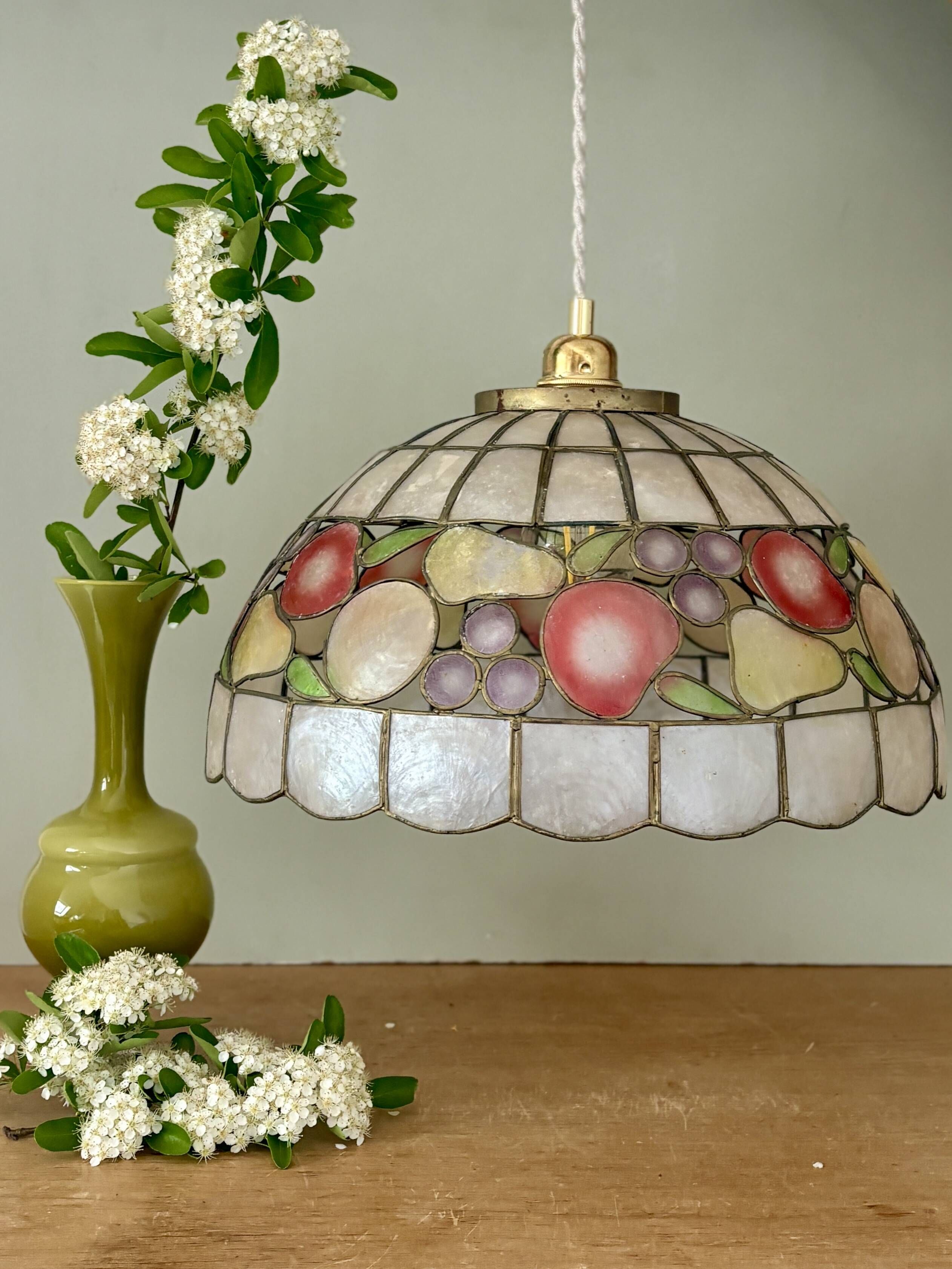 Vintage mother-of-pearl and brass pendant lampshade with fruit decorations