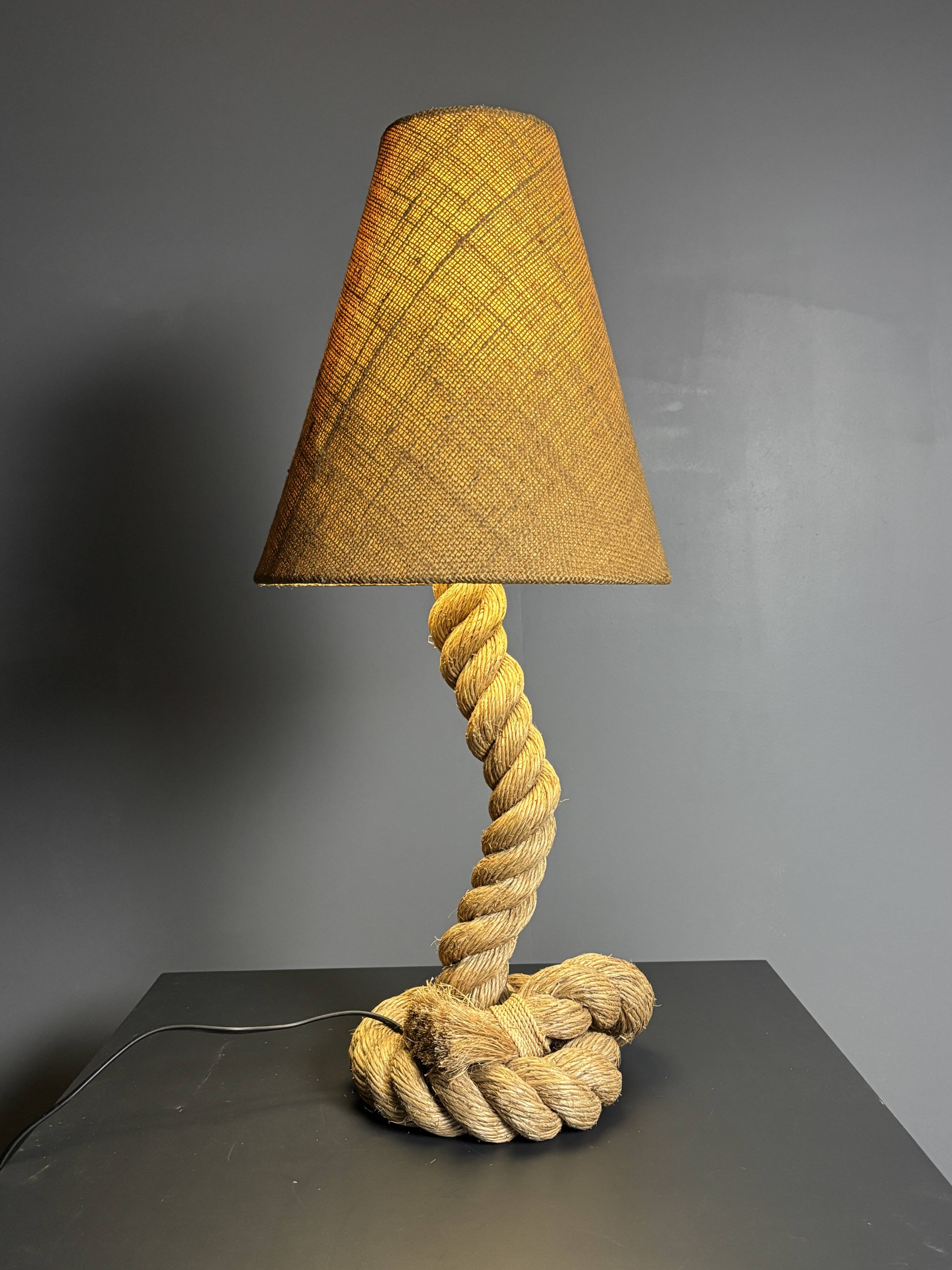 Midcentury French brutalist rope table lamp in the style of Audoux & Minet