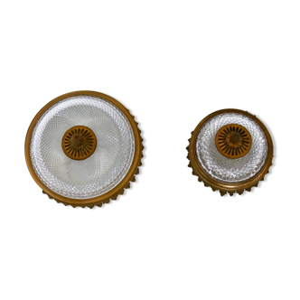 Pair of vintage round carved glass and cast brass wall lights, Italy