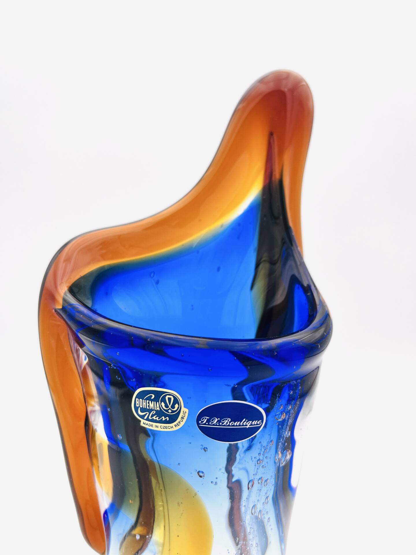 Large stretched glass sculpture vase from Bohemia – Cobalt blue, Amber