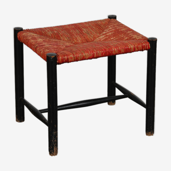 Stool in black wood and red straw, 1960