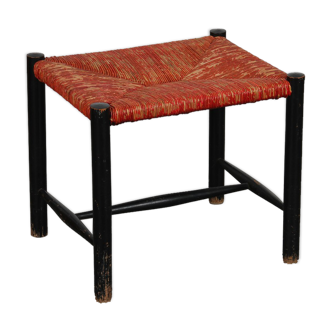 Stool in black wood and red straw, 1960