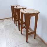 Set of 3 oak mid-century french bar stools Guillerme et Chambron