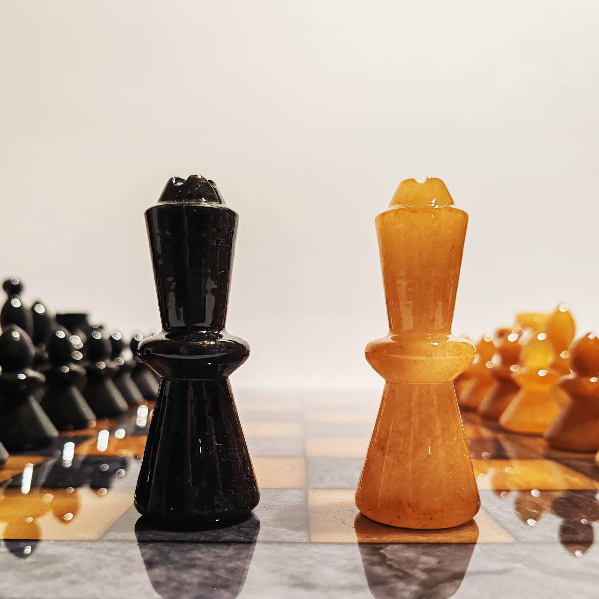 1970s Big Chess Set in Hand Carved Alabaster of Volterra - Black and Brown