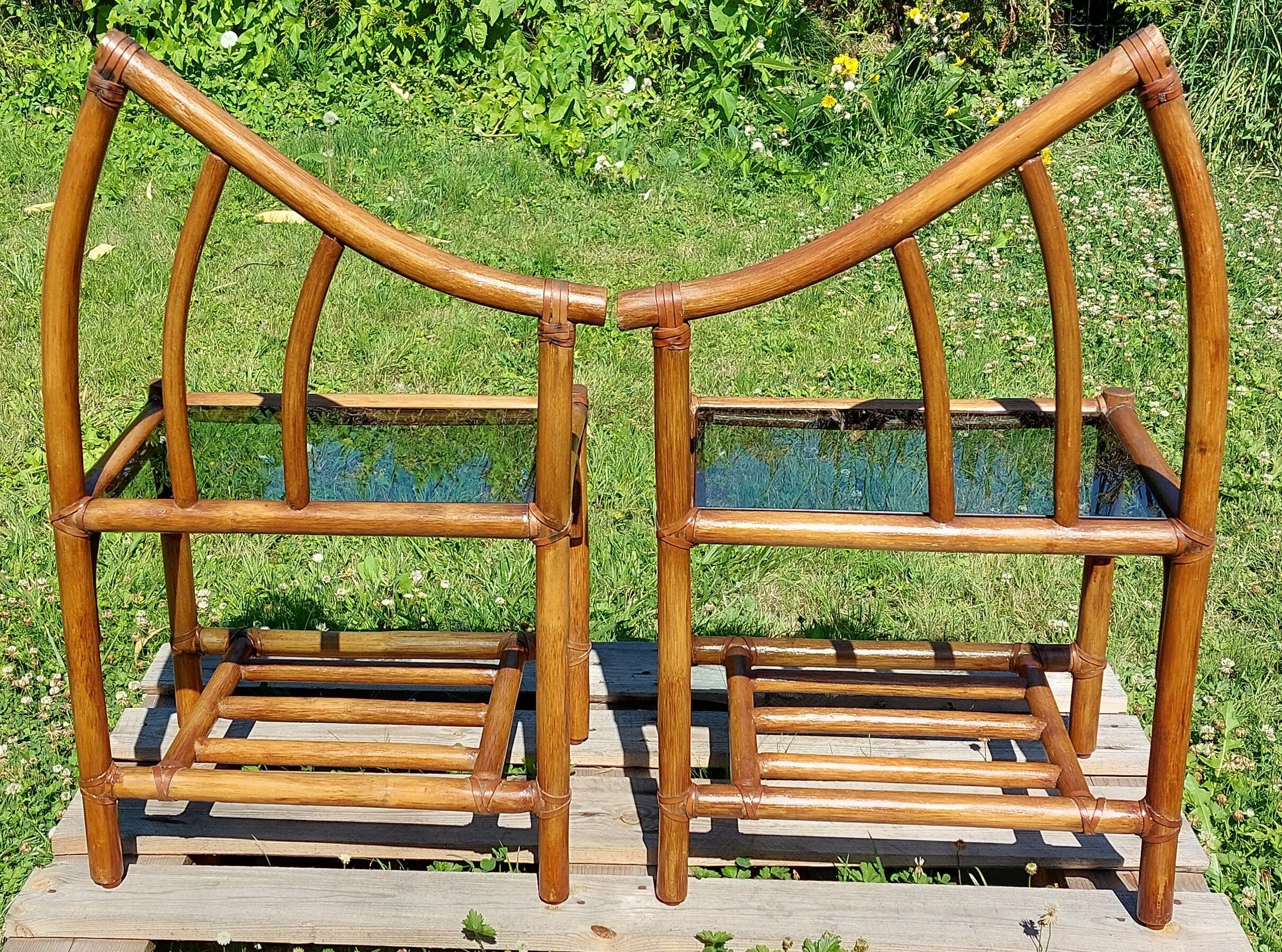 Pair of rattan and bamboo bedside tables