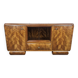 1940s Art Decò dressing table in blond walnut with sliding glass