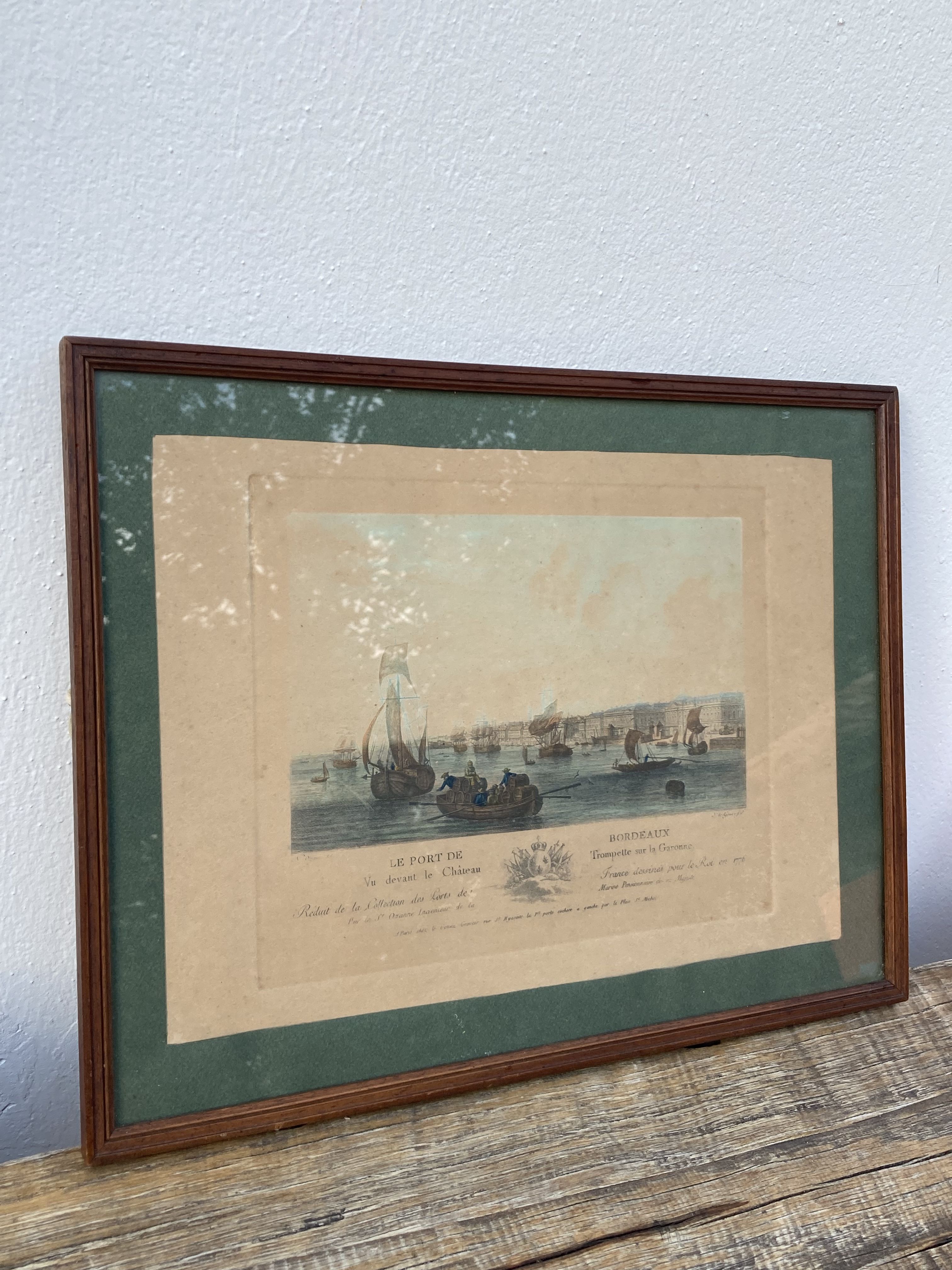 Framed antique engraving of the port of Bordeaux
