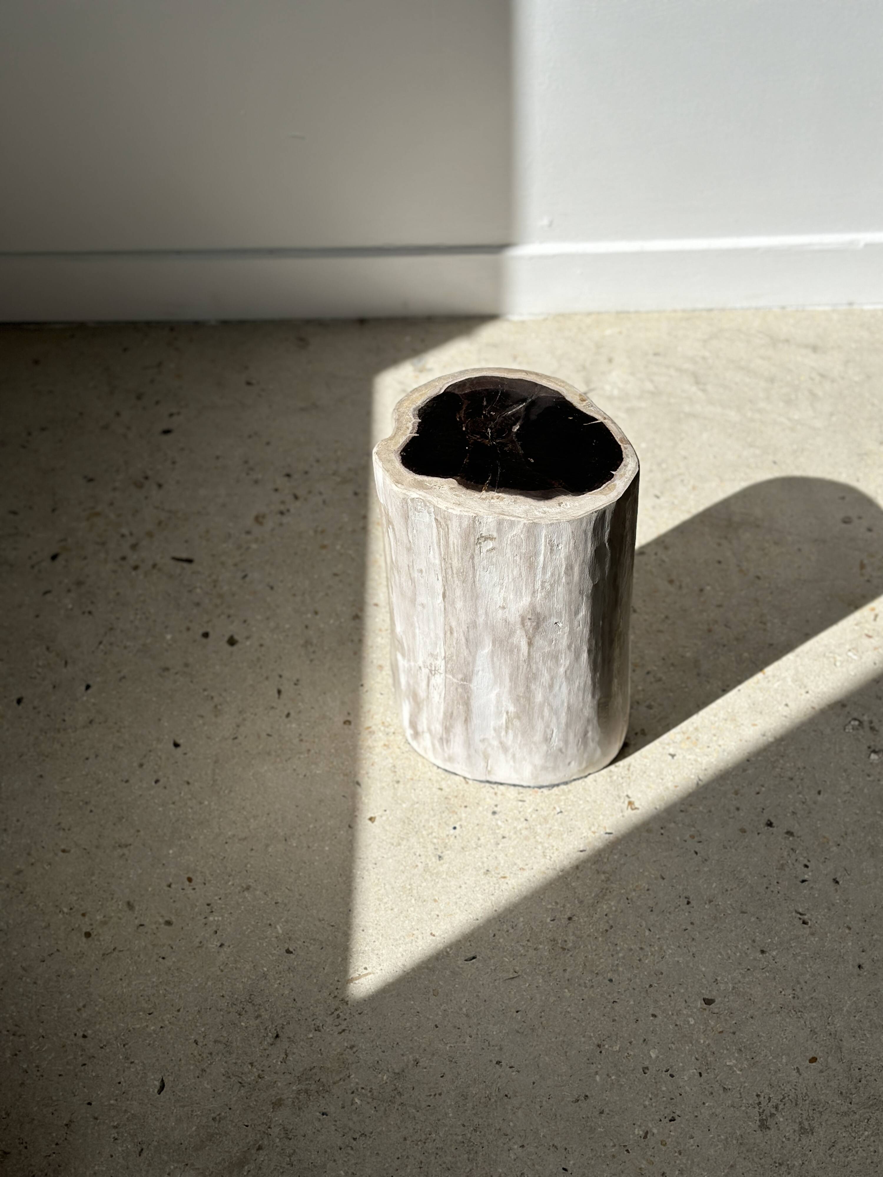 Petrified wood side table white tower black heart H:36cm D:17cm