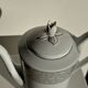 Bavarian porcelain teapot from Germany with blue frieze and flower lid H23
