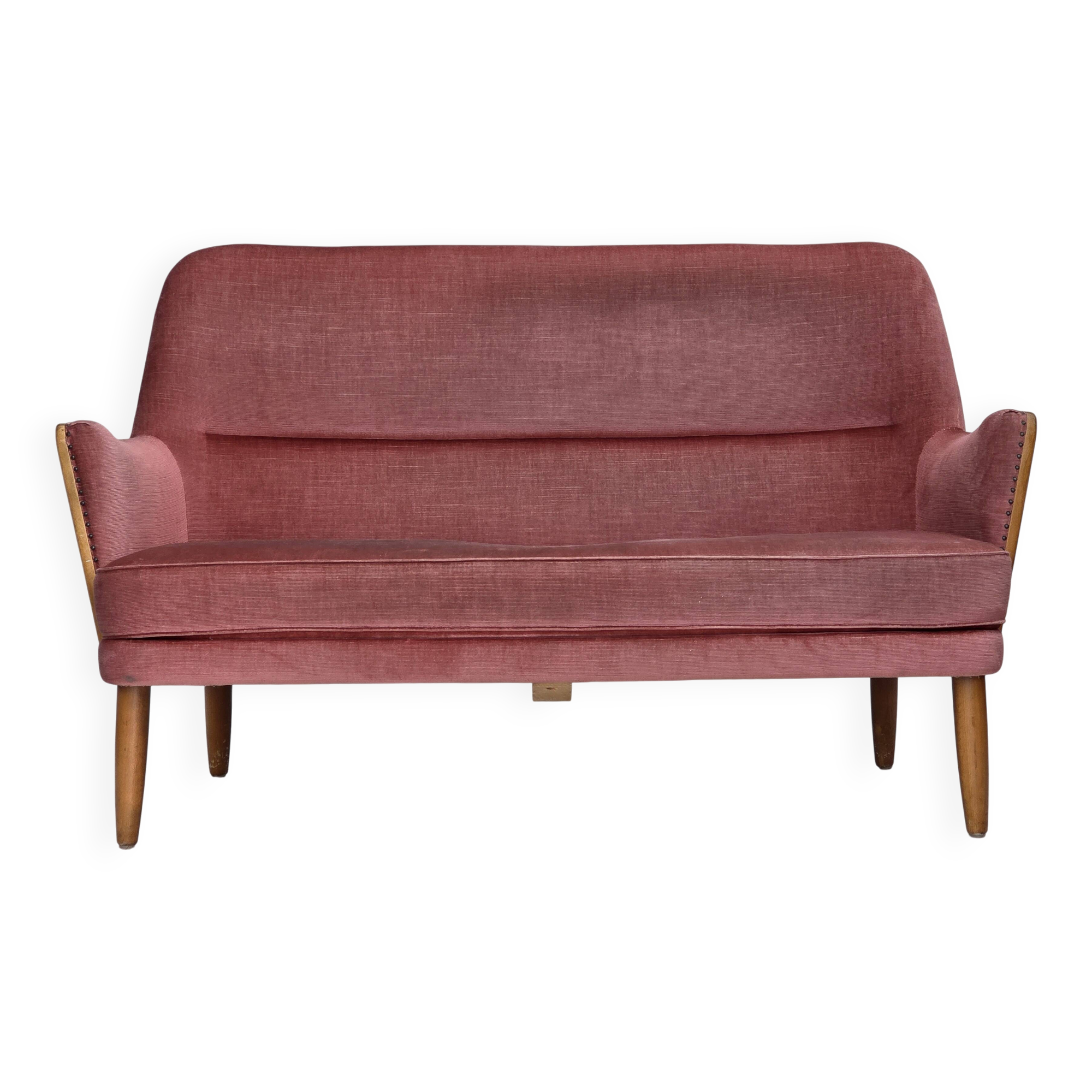 1970s, 2-seater Swedish sofa, pink furniture velour, beech wood.