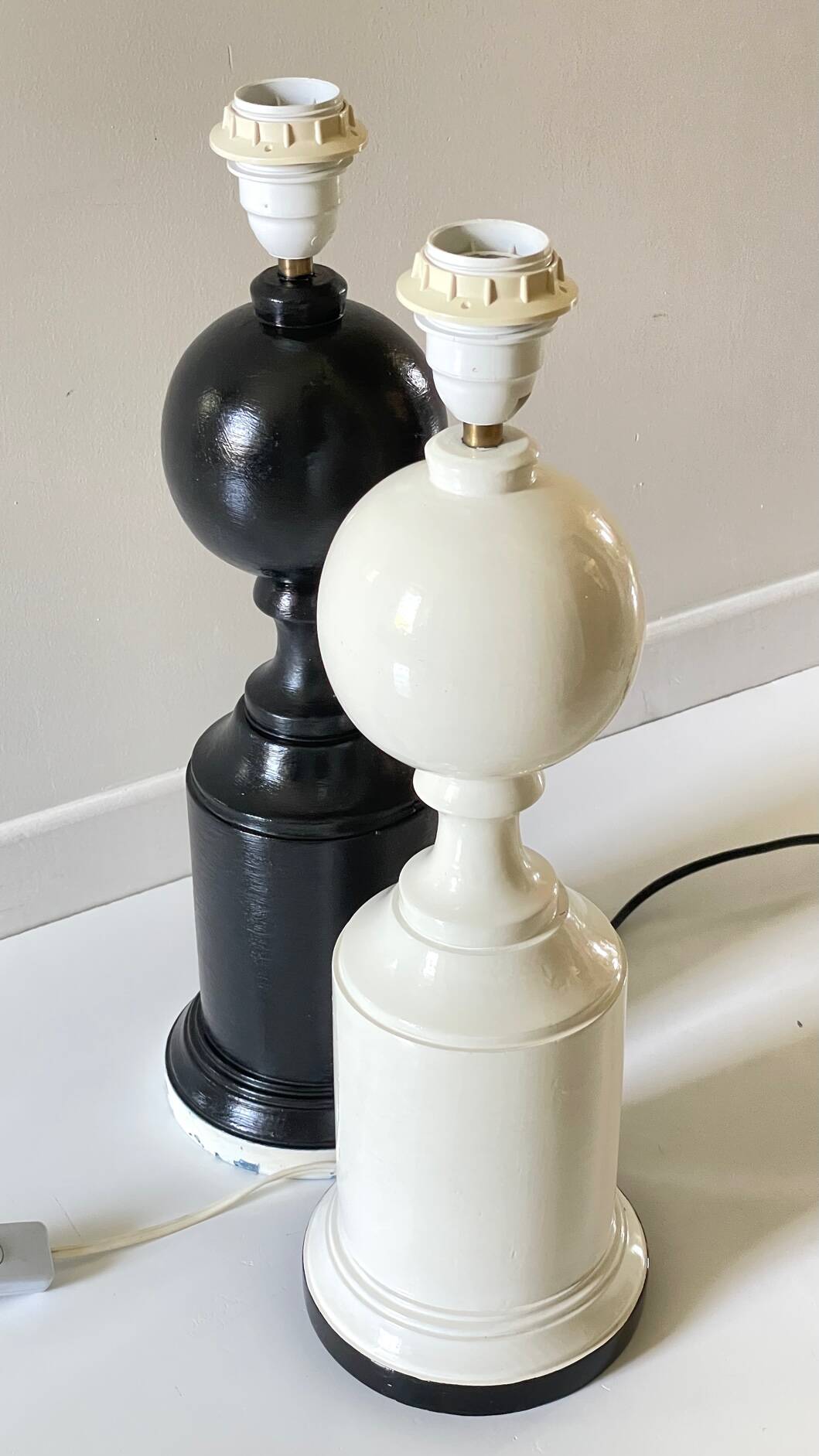 2 Vintage Black and White Turned Wood Lamp Bases