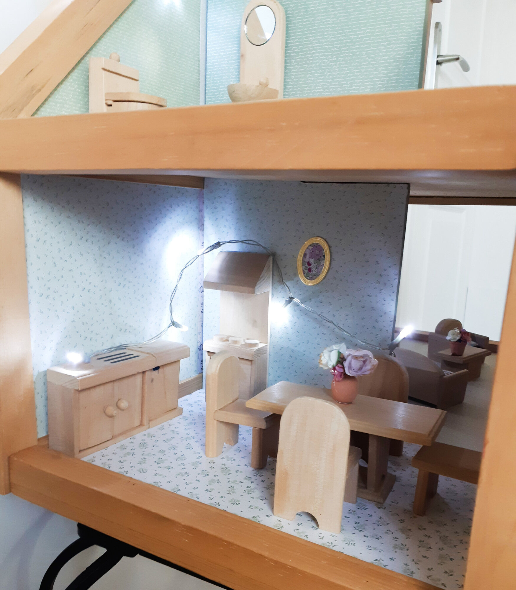 Wooden dollhouse, revamped, furnished, vintage French