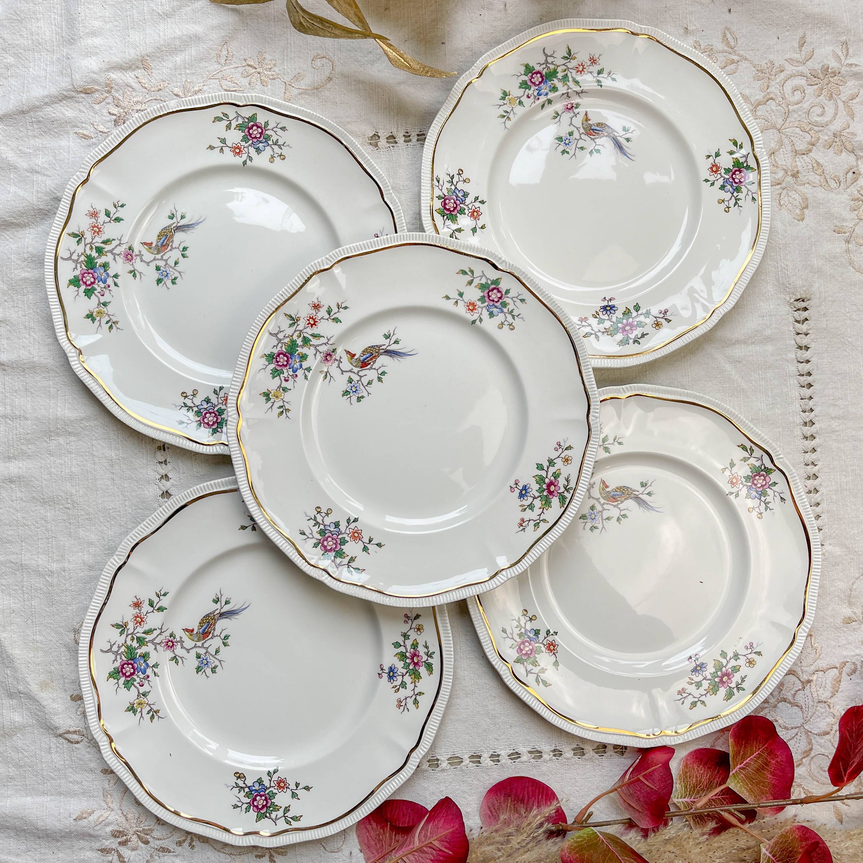 5 Vintage Longchamp Chantilly Porcelain Dinner Plates - Bird Motif