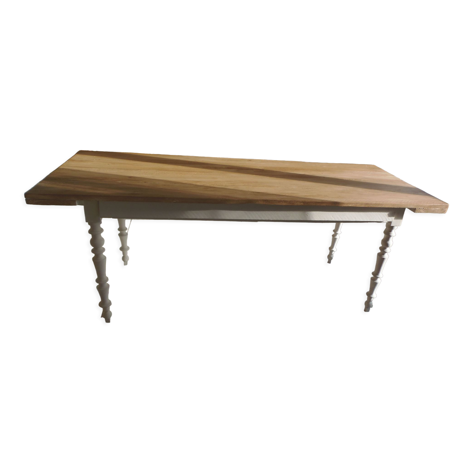 Farm table, leg and belt patinated pearl gray, wooden top.