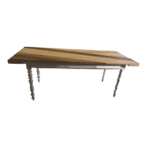 Farm table, leg and belt patinated pearl gray, wooden top.