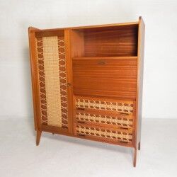 Vintage buffet, rattan and wood secretary from the 1960s.