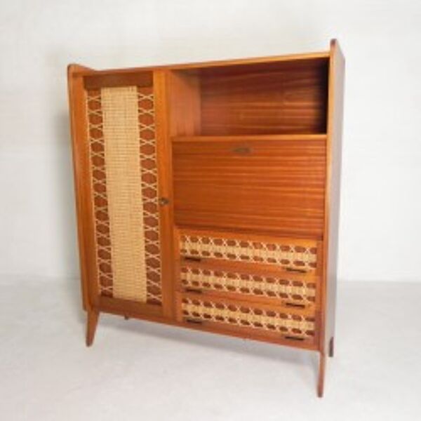 Buffet vintage, secrétaire en rotin et bois 1960s