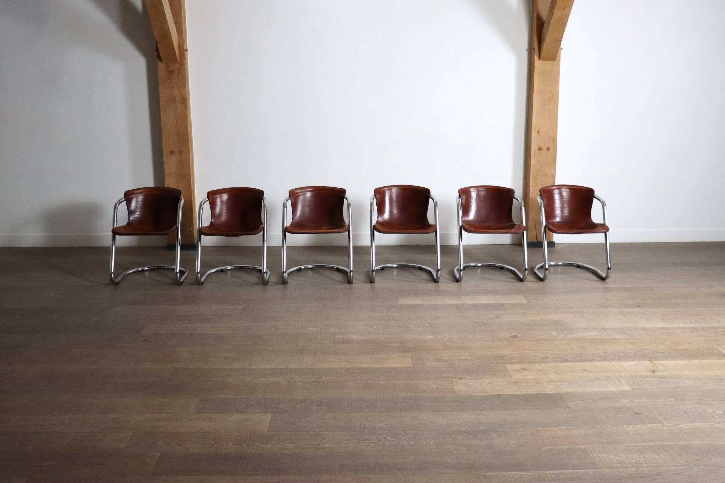 Set of 6 tubular chrome and saddle leather dining chairs for Metaform, 1970