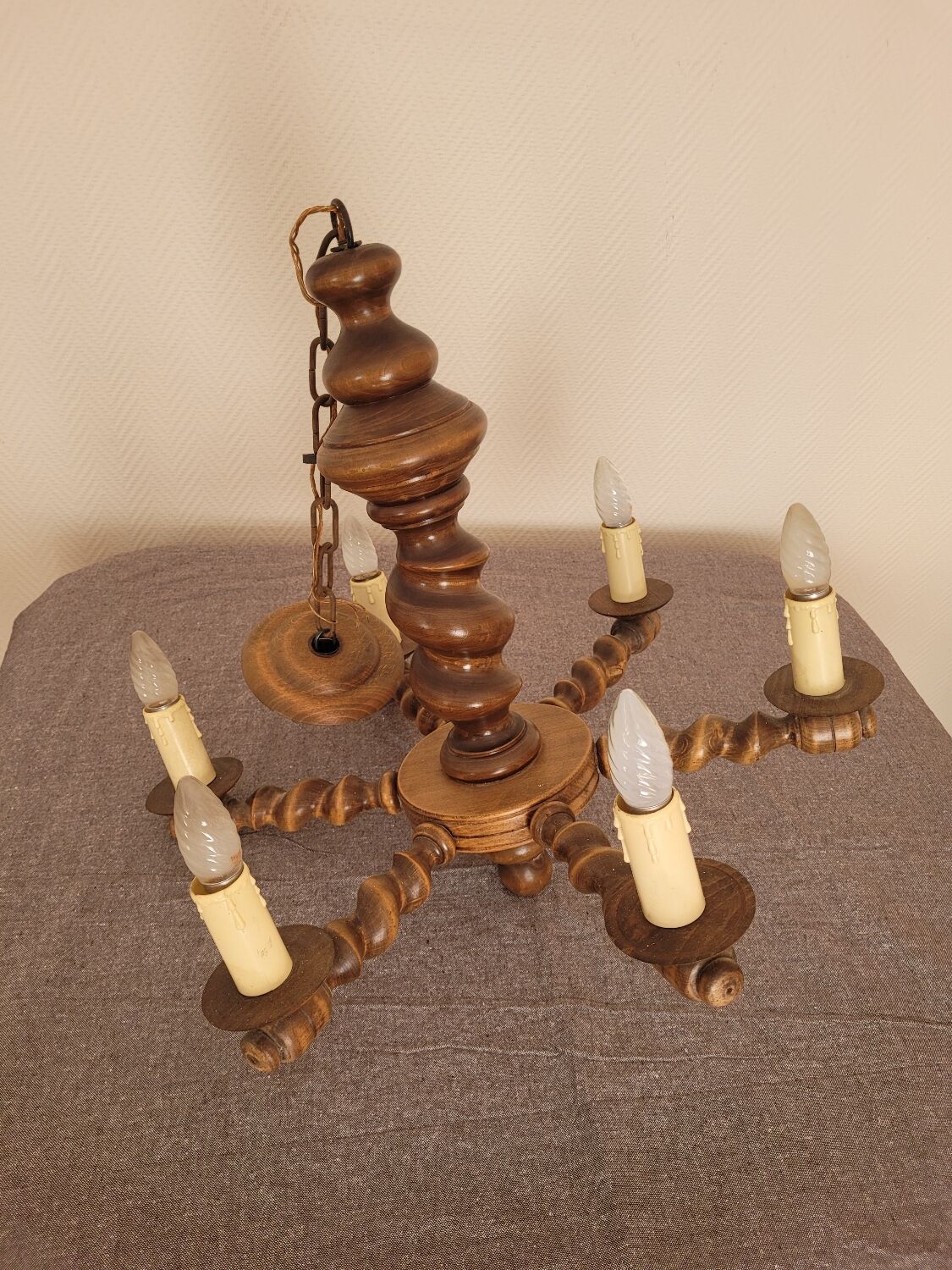 6-branched wooden chandelier from the 60s