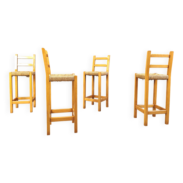 Tabourets de bar vintage en chêne et corde de papier, années 1960