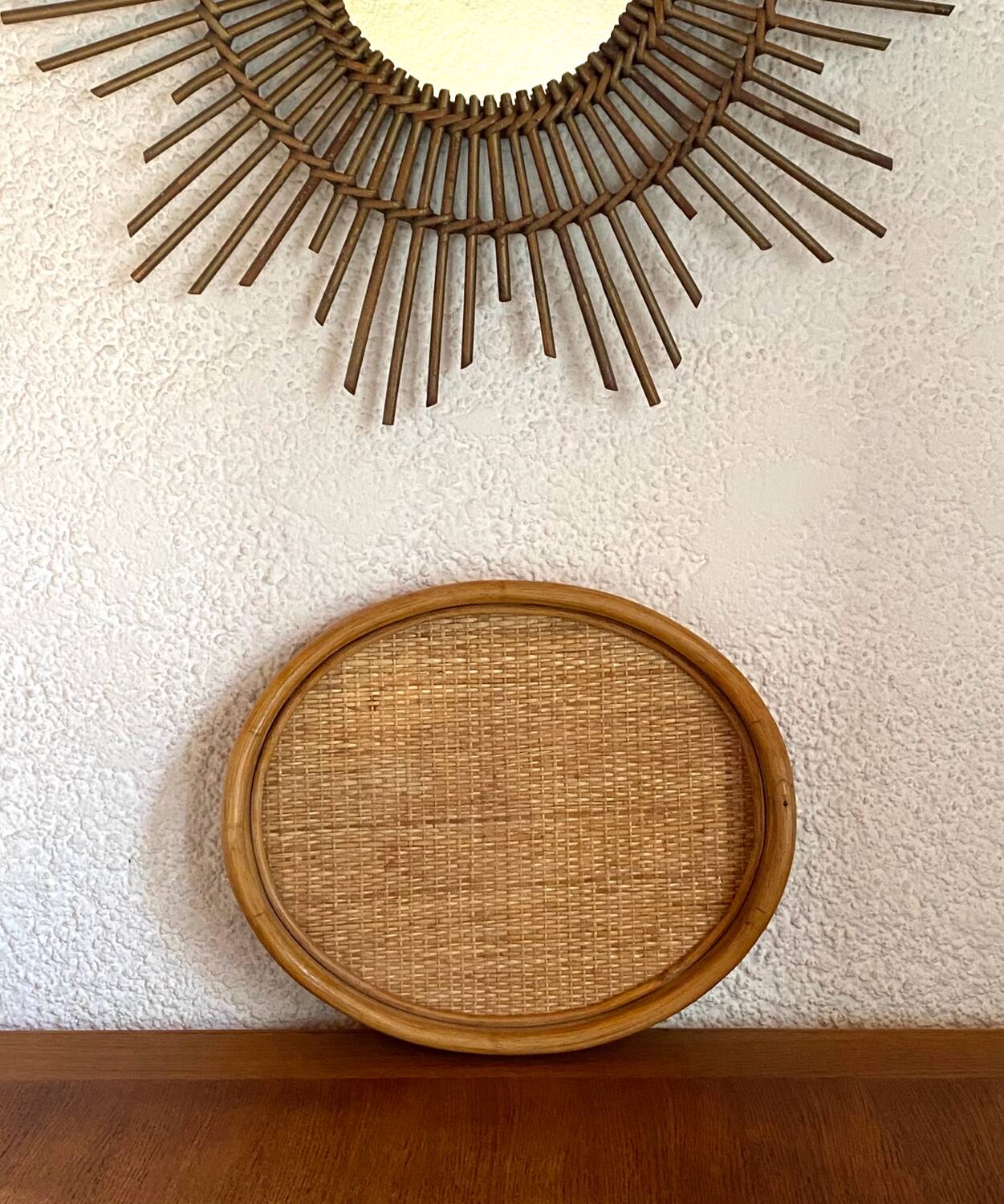 Oval tray made of rattan and bamboo from the 1970s