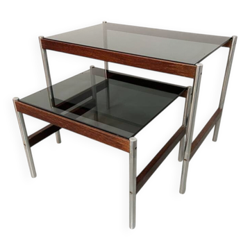 Set of 2 Fristho Dutch Design Nesting Tables with Smokey Glass Top 1960s