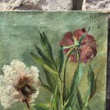 Tableau ancien fleurs posées pivoine huile sur toile