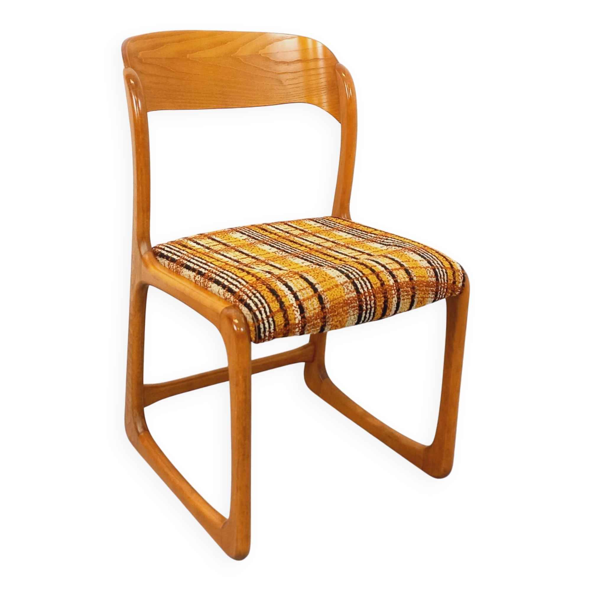 Vintage sled chair by Baumann in wood and wool fabric.