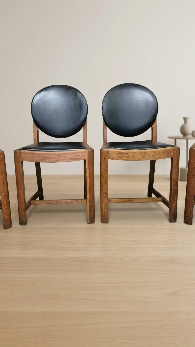 Set of four vintage wooden dining chairs with black leather upholstery, 85 × 45 × 45 cm