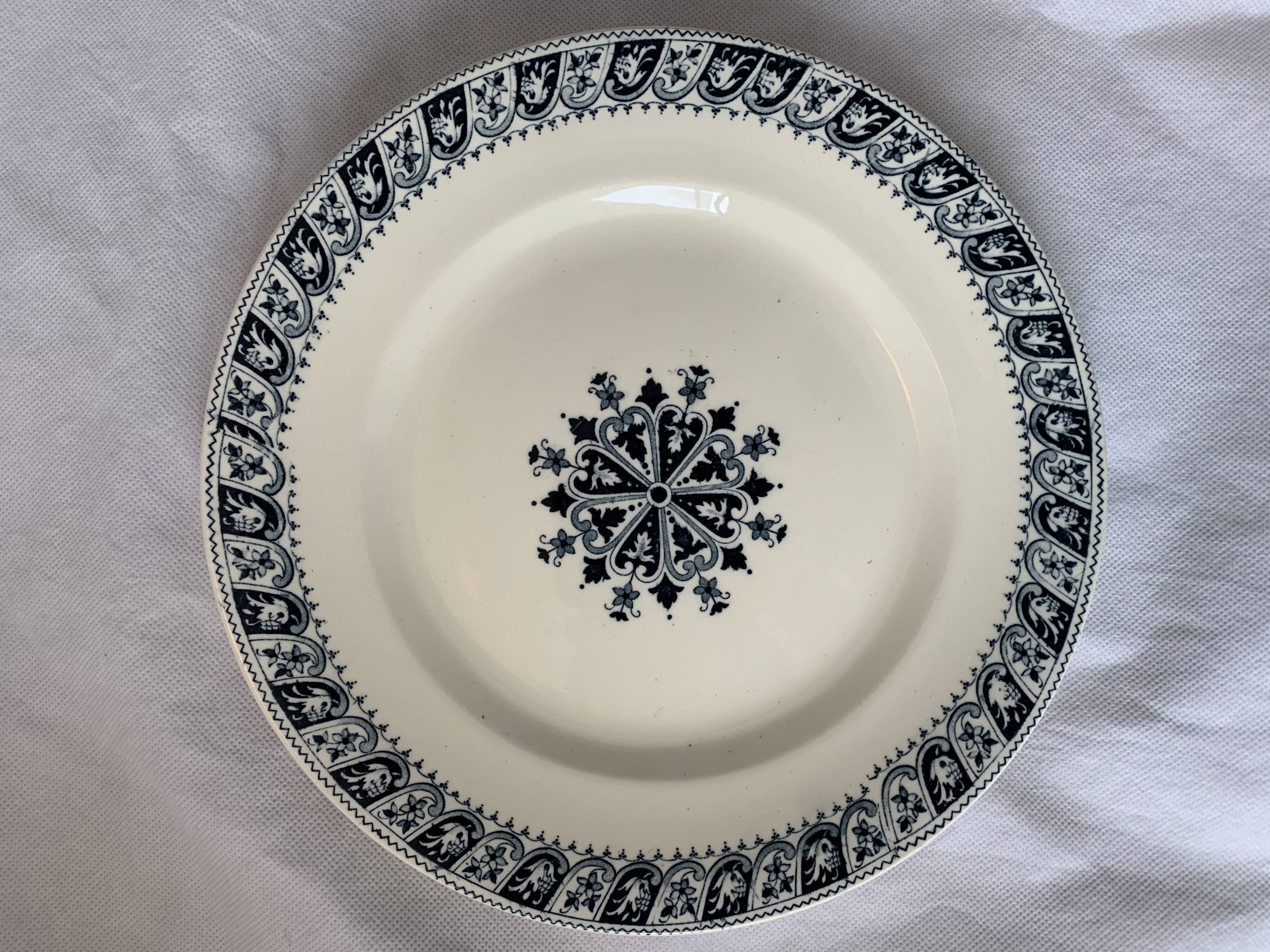 Lot of 12 old flat plates and 2 dishes, Terre de fer Henri II Salins