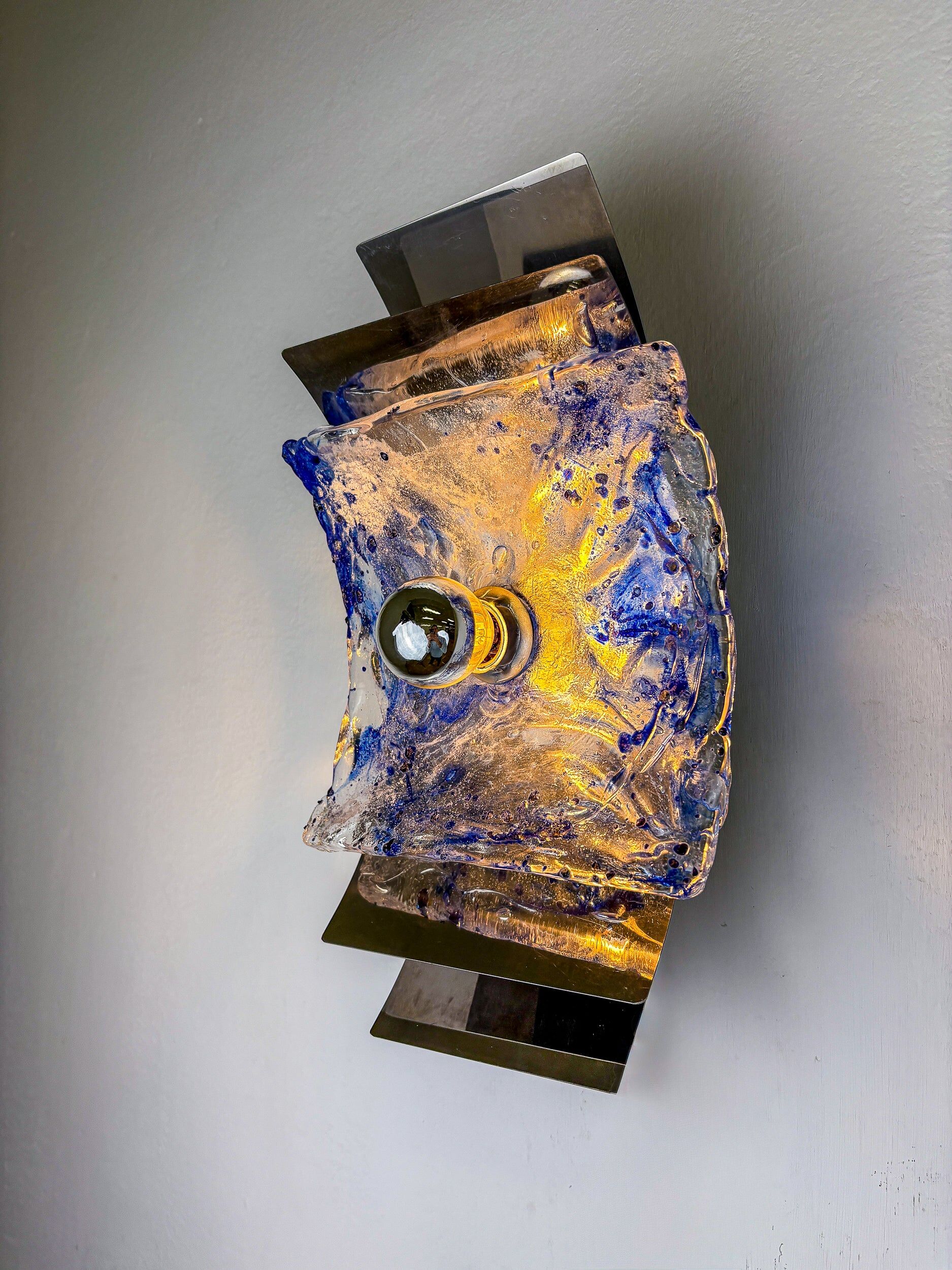 Murano Mazzega blue & clear glass wall sconce, Italy, 1970s