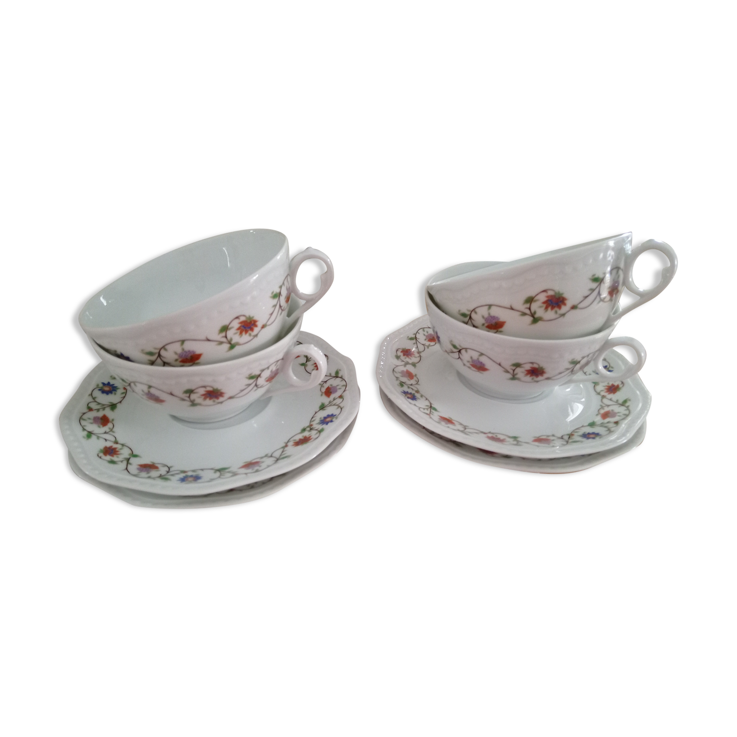 Tasses à thé et sous-tasses Porcelaine de Limoges motif fleuri (Lot de 4)