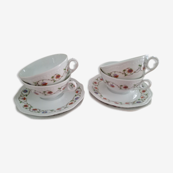 Tasses à thé et sous-tasses Porcelaine de Limoges motif fleuri (Lot de 4)