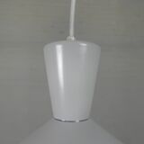 UFO-shaped pendant lamp with white glass on top and clear glass with white