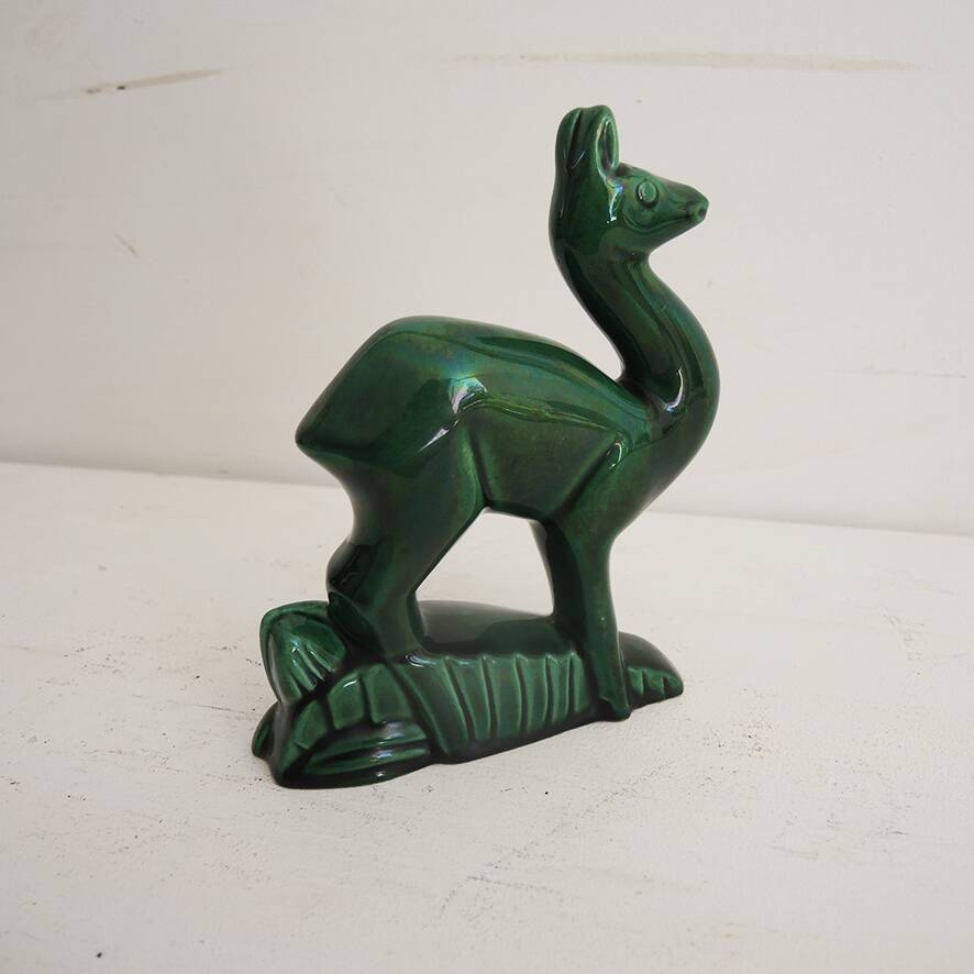 Vintage green ceramic deer figurine St Clément