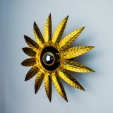 Brutalist sun wall lamp in gilded metal with gold leaf, Italy, 1970