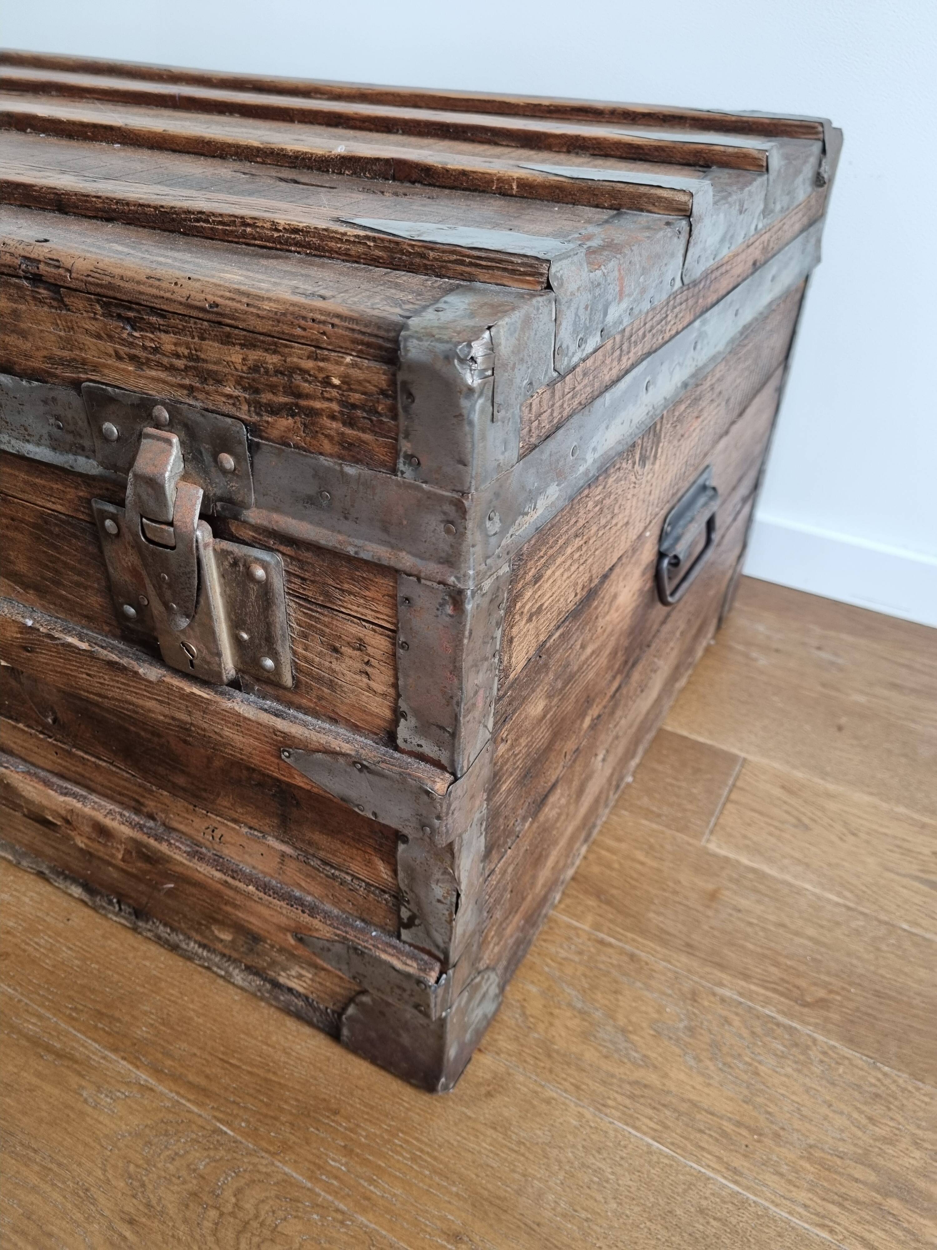 Large-scale marine style decorative wooden trunk with interior upholstery