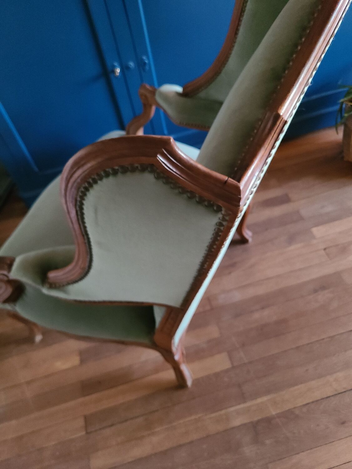 Vintage Louis XV style wing chair, light green velvet