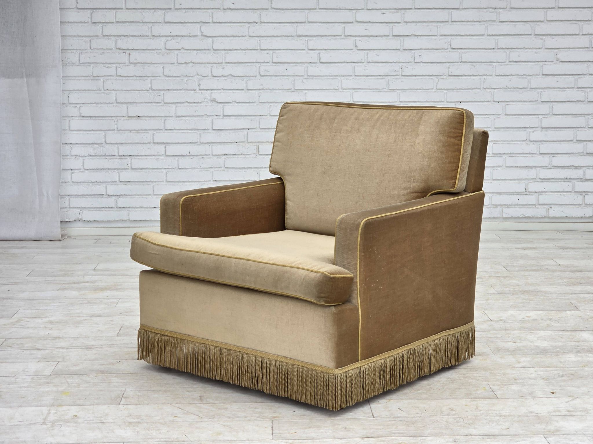 1970s, Danish armchair, honey yellow furniture velour.