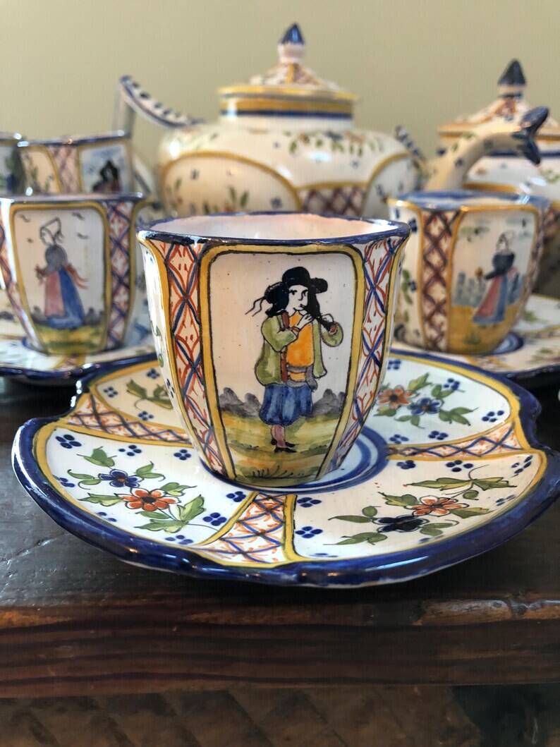 Antique Henriot Quimper Faience Coffee Set, Breton Folk Art, 1893-1904