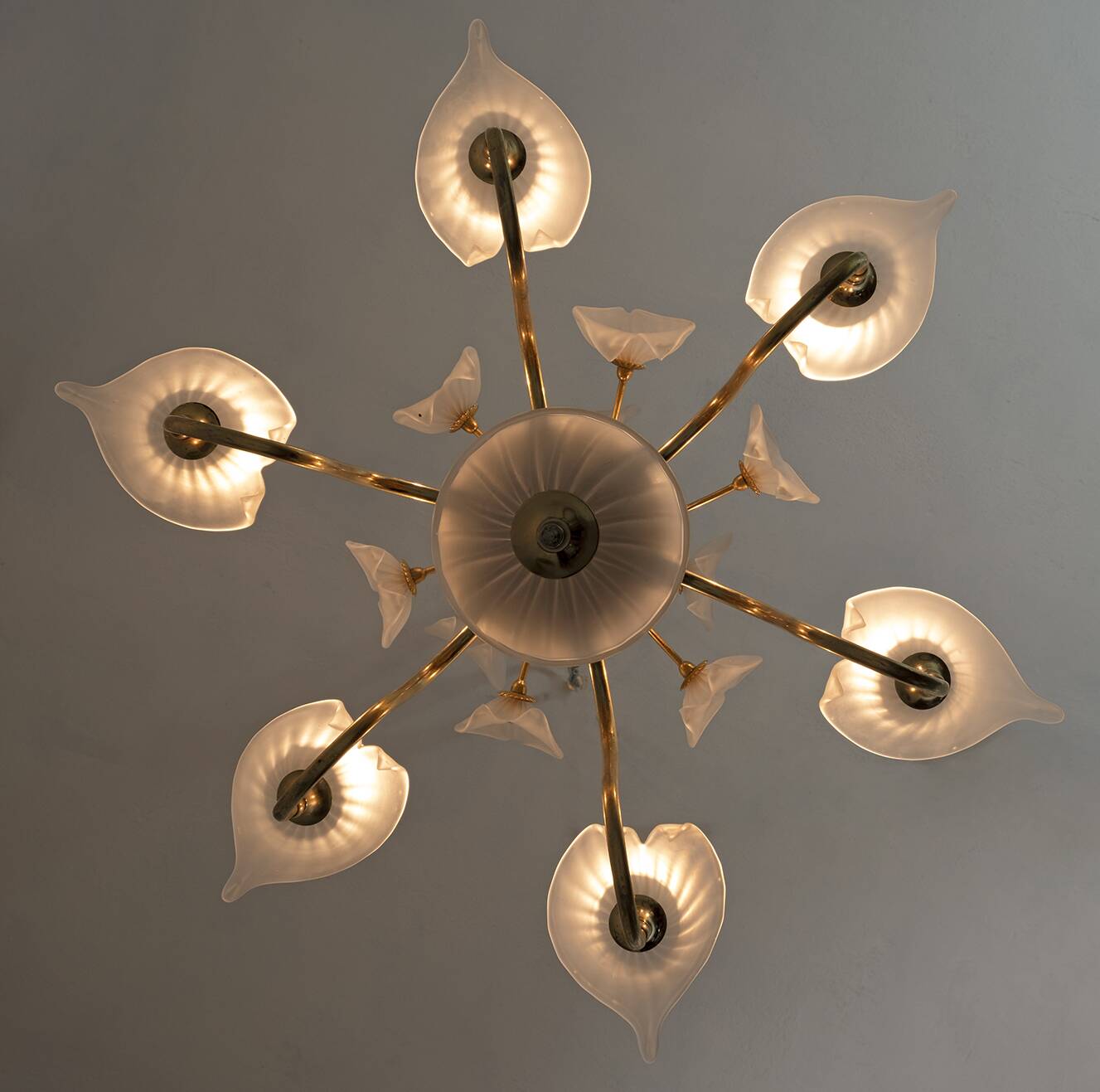 Mid-Century Modern Italian Murano Lattimo and Brass Chandelier, 1970s