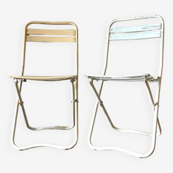 2 chaises pliantes en bois et métal beige et blanc