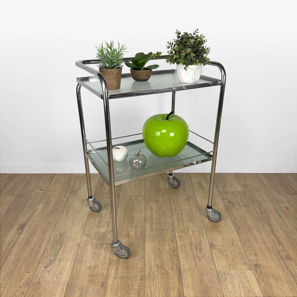 Modernist chrome and vintage frosted glass serving trolley