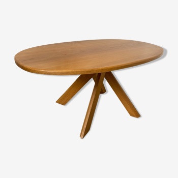 Table salon en frêne massif design français des années 70 pied en croix vintage