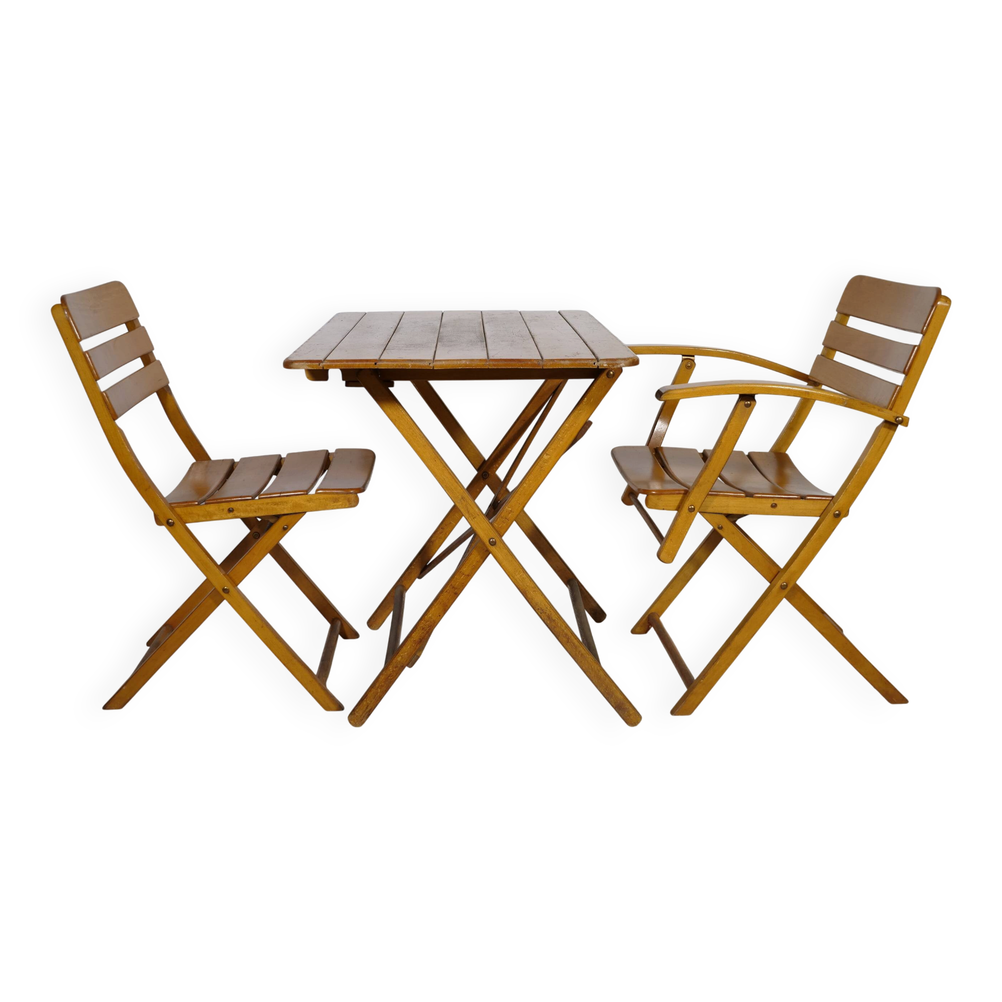 Vintage Solid Wood Folding Garden Furniture Set, Set of 3, 1970s