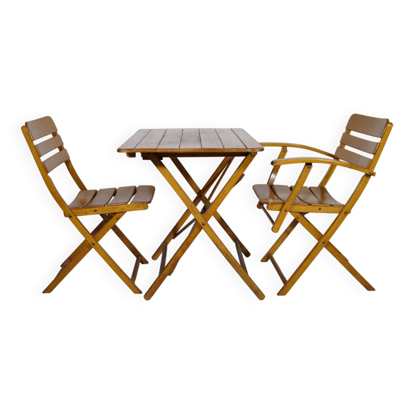 Ensemble de meubles de jardin pliants en bois massif vintage, ensemble de 3, années 1970