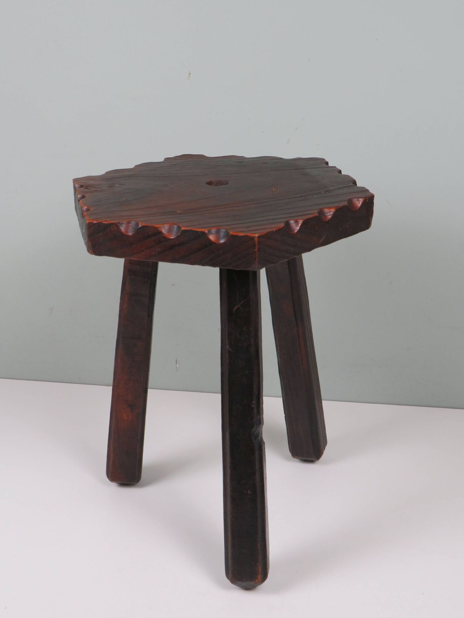 Rustic Spanish handcrafted stool in solid wood, 20th century