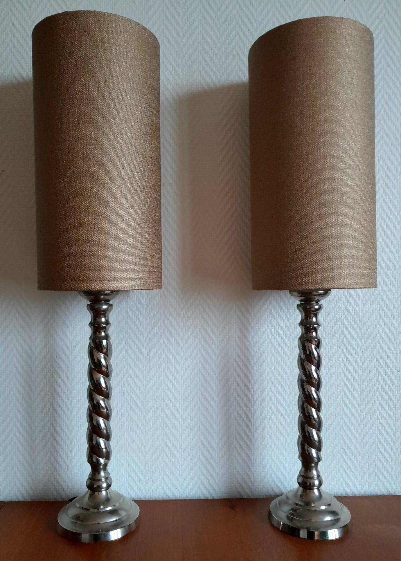 Pair of twisted metal silver-plated column lamps