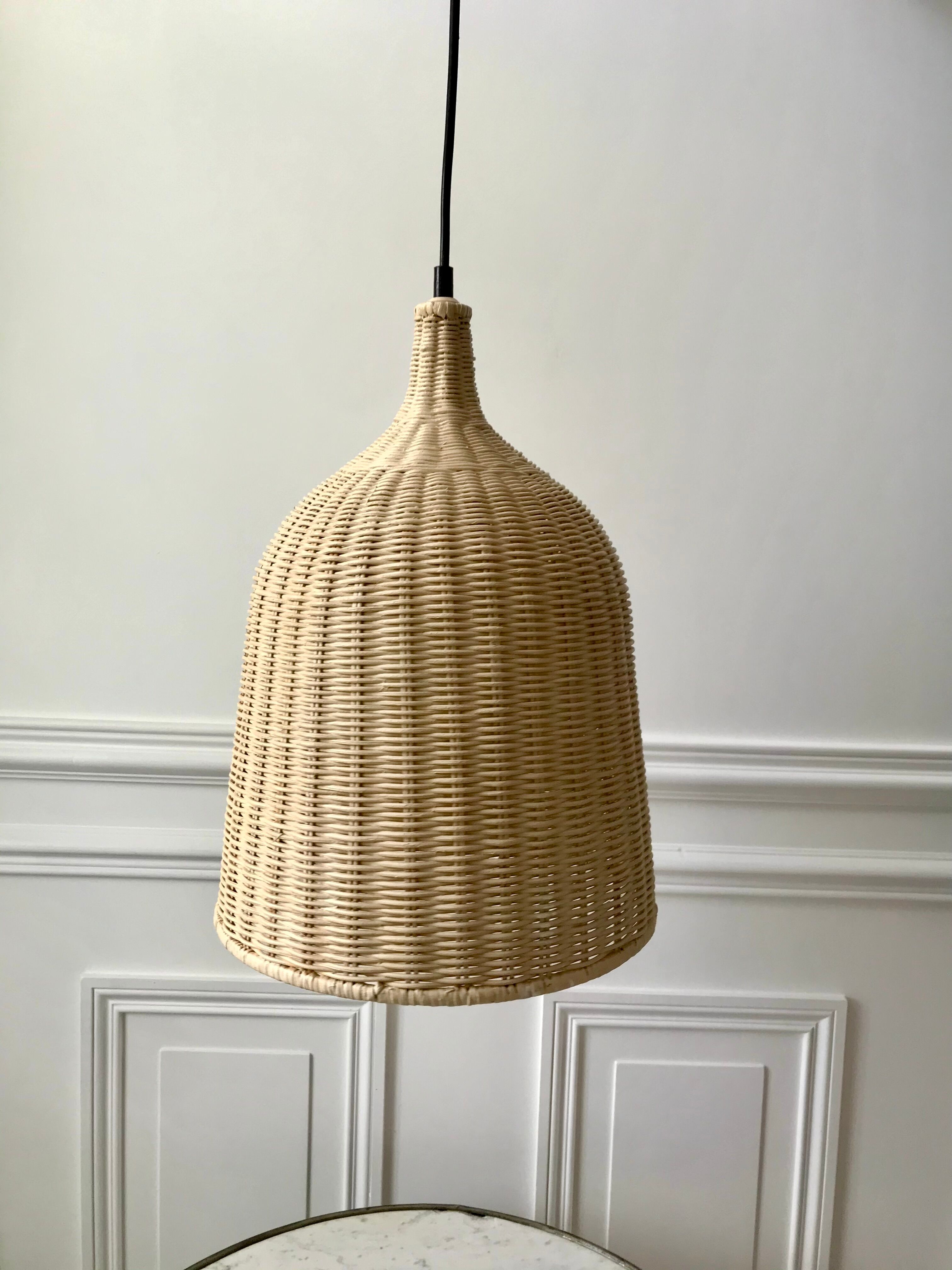 Vintage brushed rattan pendant lamp 80s